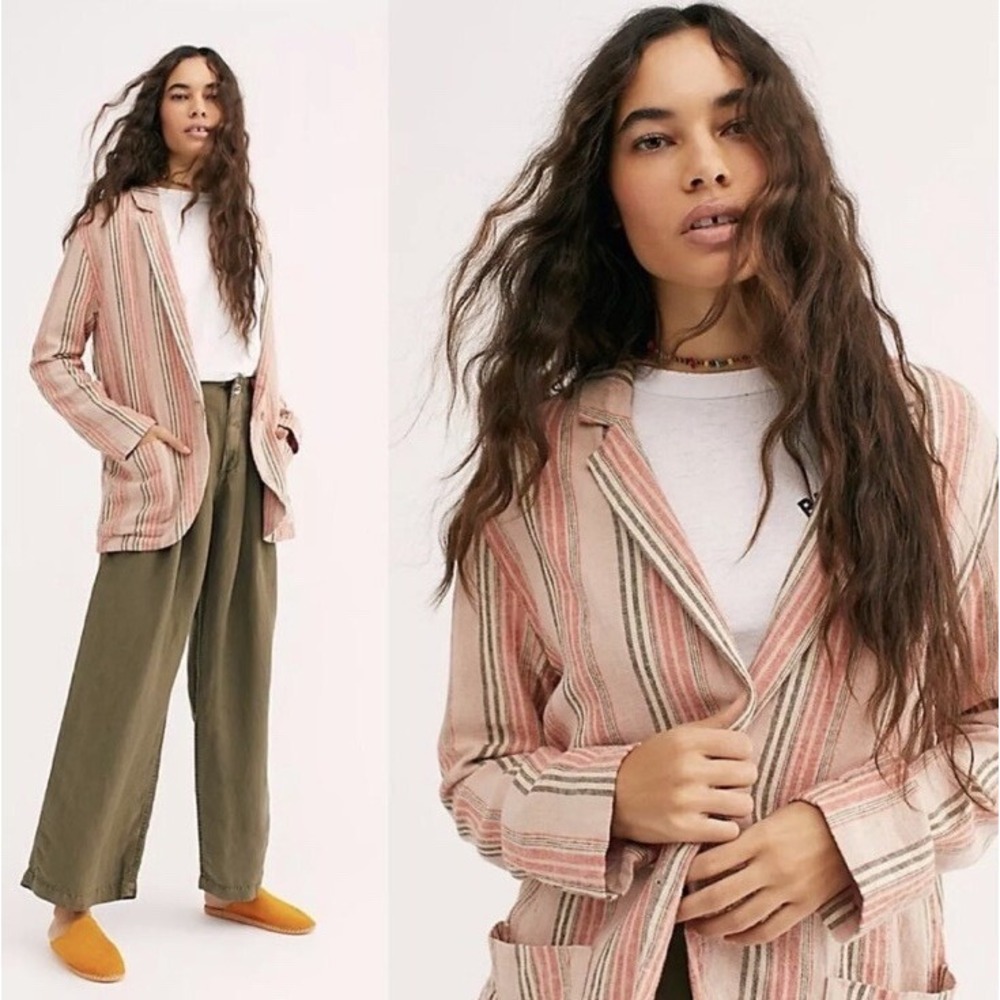Free People Striped Linen Blend Oversized Blazer Pink Orange Cream XSโ OB1003460